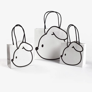 Cartoon Rabbit Minimalist Black White Portable Paper Gift Bag Thickened White Cardboard Handheld Packaging Pouch For Kids Birthday Party Children Day Present