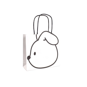 Minimalist white gift bag with black puppy illustration and round handles for birthdays