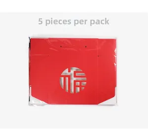 Detail showing five flat-packed red Chinese New Year gift boxes with Fu character cutout