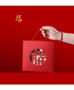 Detail of red festive gift box with Fuh character hollow design and lion dance card