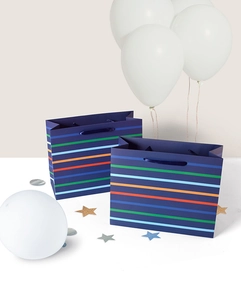 Detail von dunkelblauen Geschenktüten mit Regenbogenstreifen und Bandgriffen auf dem Tisch