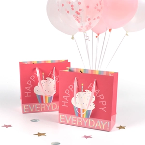 Pink cartoon ice cream paper gift bags with satin handles and cupcake pattern