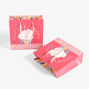 Pink cartoon cupcake gift bag with Happy Everyday text and pink silk ribbon handle