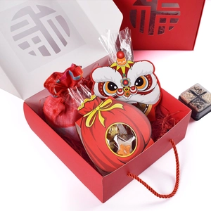 Traditional Chinese New Year red gift box set with festive Fu character cut-out design
