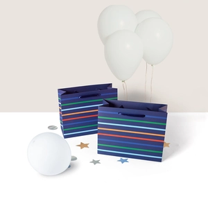 Dunkelblaue Papiertragetaschen mit bunten Regenbogenstreifen und Bandgriffen