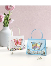 Detail von 3D-Schmetterling Mini-Handtaschen-Geschenkboxen mit Seidengriffen und Blumen