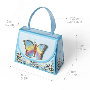 Mini blue butterfly gift box with floral pattern and ribbon handle for wedding party