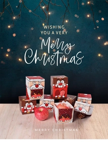 Détail de boîtes cadeaux de Noël carrées avec des motifs de Père Noël et de renne