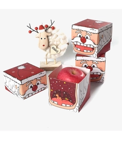 Vue détaillée d'une boîte cadeau rouge pour pomme de Noël avec illustration du Père Noël