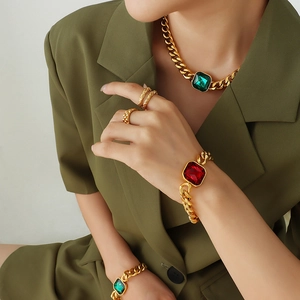 Vintage Bold Chunky Cuban Chain Necklace And Bracelet Titanium Steel Gold Plated Square Emerald Crystal Stone Jewelry
