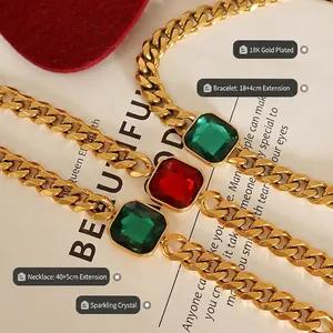18K gold plated Cuban chain set with emerald and ruby crystal pendants for women
