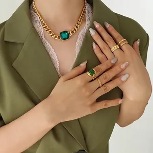 Retro chunky gold Cuban chain necklace set with emerald green crystal stones