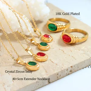 18K gold plated vintage jewelry set with red and green crystals for women