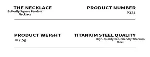 Specifications of butterfly square plate necklace in titanium steel showing 7.5g weight