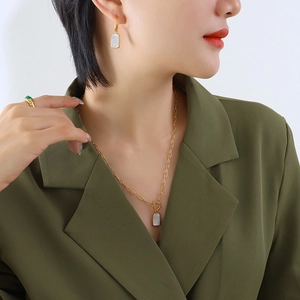 White Mother Of Artificial Pearl Necklace Earrings Titanium Steel Rectangular Pendant Paperclip Chain Toggle Clasp Elegant Women