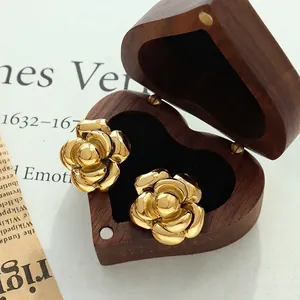 Exaggerated retro 18K gold plated camellia flower stud earrings in a wooden heart box