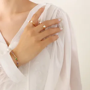 Baroque pearl gold-plated open U-shape rings with colorful rainbow gemstone bracelet