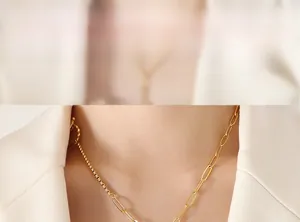 Détail du collier chaîne asymétrique doré avec fermoir OT et maillons épais design
