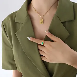 Vintage gold plated titanium steel necklace with butterfly pendant and green gem ring set