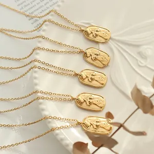 Artistic oval embossed female figure pendant necklace in 18K gold plated stainless steel