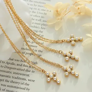 Collier croix style français plaqué or 18K avec perles, chaîne réglable de 40+5cm