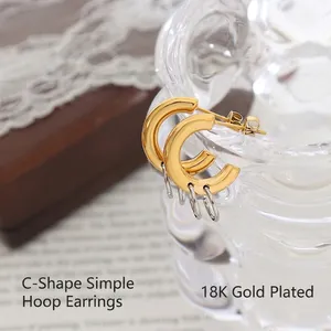 Chic 18K gold plated C-shape earrings with hanging silver interlinked metal rings