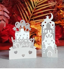 Detailed view of white 3D pop-up Happy Day greeting card with intricate laser cutouts