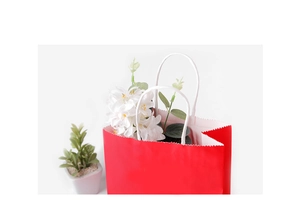 Detail of red gift paper bag with white handles and jagged edges for festive packaging