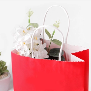 Bright red paper gift bag with white twist handles and stylish serrated edge design