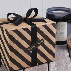 Brown kraft paper gift box with black ribbed ribbon and 'Especially For You' label