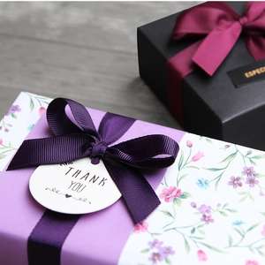 Elegant purple floral and black gift boxes with premium polyester satin ribbons