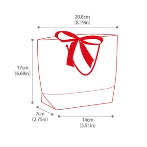 Detailed size chart showing dimensions for red Valentine gift bag with bow decoration