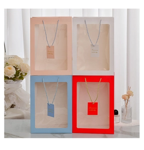 Close-up of pastel gift bags with PVC window and braided rope handles for special events