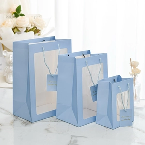 Sacchetti regalo minimalisti blu chiaro con finestra trasparente in tre dimensioni