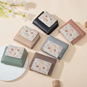 Three-fold short wallet for women featuring cute bear print and metal clasp in six colors