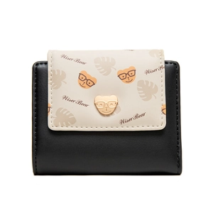 Close-up of cute cartoon bear metal clasp and Wiser Bear pattern on short folding wallet