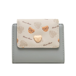 Detail of grey-blue short wallet with cute Wiser Bear print and metal bear buckle clasp