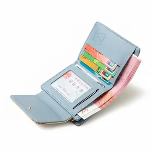 Light blue PU leather tri-fold wallet for women with card slots and money compartment