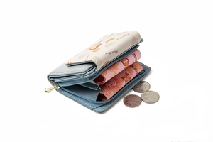 Detail view of the bi-fold wallet showing spacious compartments for cash and coins