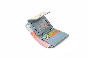 Detail view of the blue tri-fold wallet showing card slots and spacious cash compartment