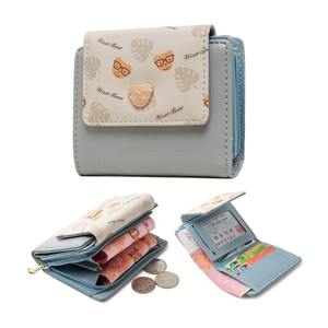 Detailed interior and exterior views of a bifold wallet with bear embroidery and card slots