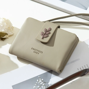 Women Short Wallet PU Leather Bifold Leaf Buckle Minimalist Small Purse With Wristlet And Zipper Pocket