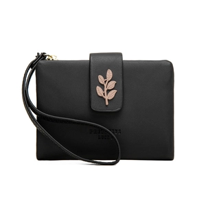 Detail of black PU leather wallet with leaf clasp and brand engraving with wrist strap