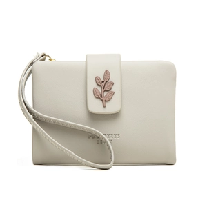 Detail of light gray PU leather wristlet clutch featuring a pink leaf buckle and logo