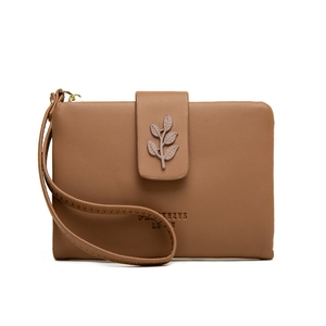 Detail of brown PU leather wallet featuring leaf buckle and metal zipper hardware
