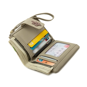 Women's leaf buckle RFID wallet in khaki PU leather with multi-card slots and coin pocket