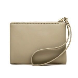 Women's minimalist khaki leather coin purse with leaf clasp and wristlet strap