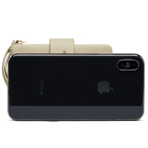 Beige PU leather phone wallet with leaf buckle shown alongside an iPhone for size scale