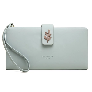Detail of mint green long wallet featuring lychee texture and leaf silicon buckle