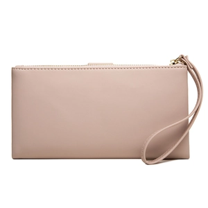 Minimalist long pink faux leather wallet with zipper closure and wristlet strap